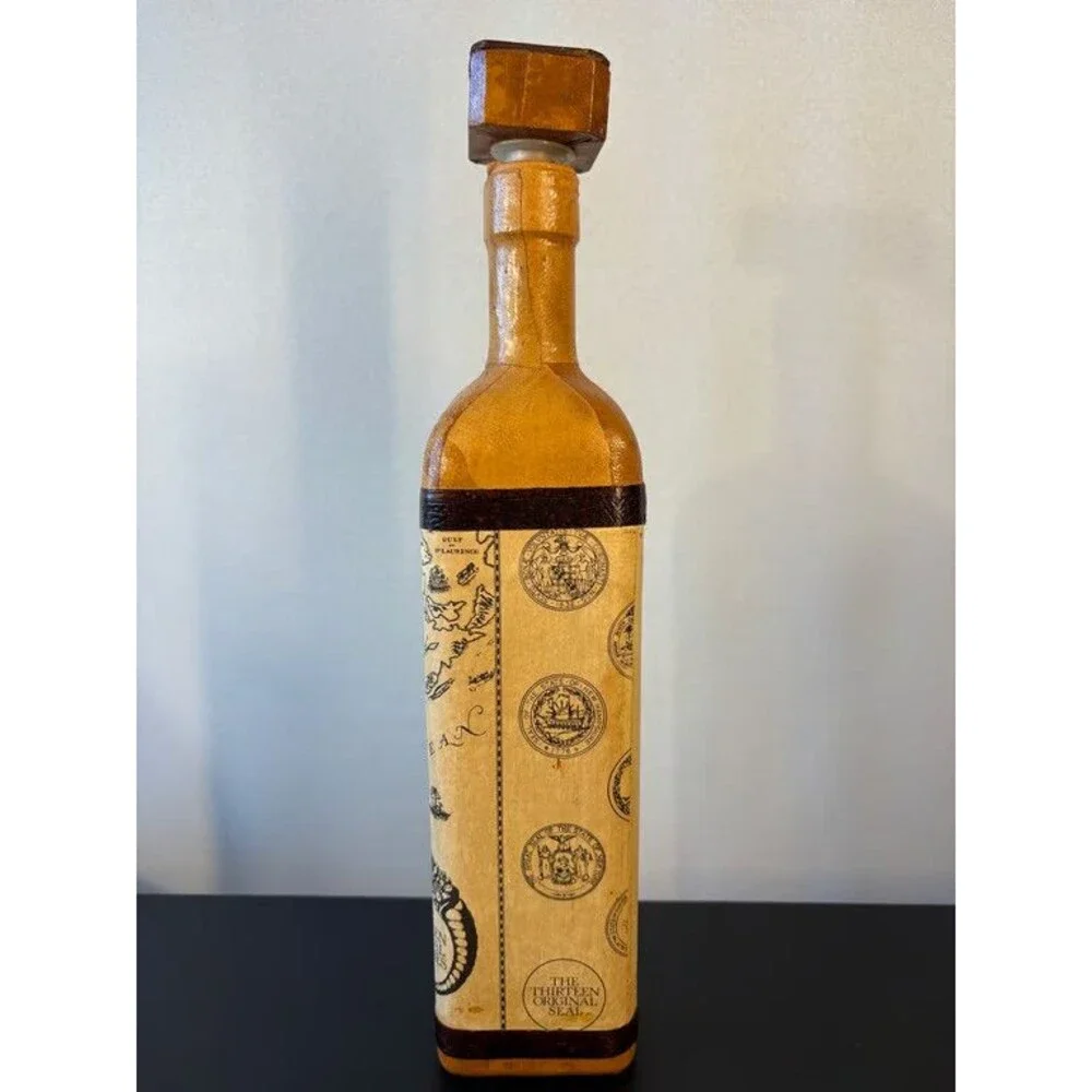 Italian Leather Decanter Tall Slim Map Panel Wax Seal Design Bottle